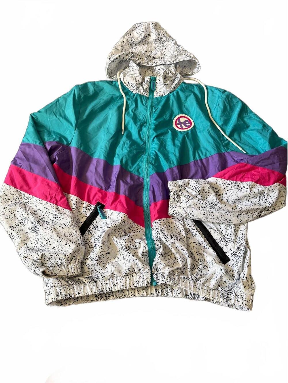 Tipsy Elves Retro Colorblock Windbreaker Jacket Small 80s 90s Hooded Teal Pink
